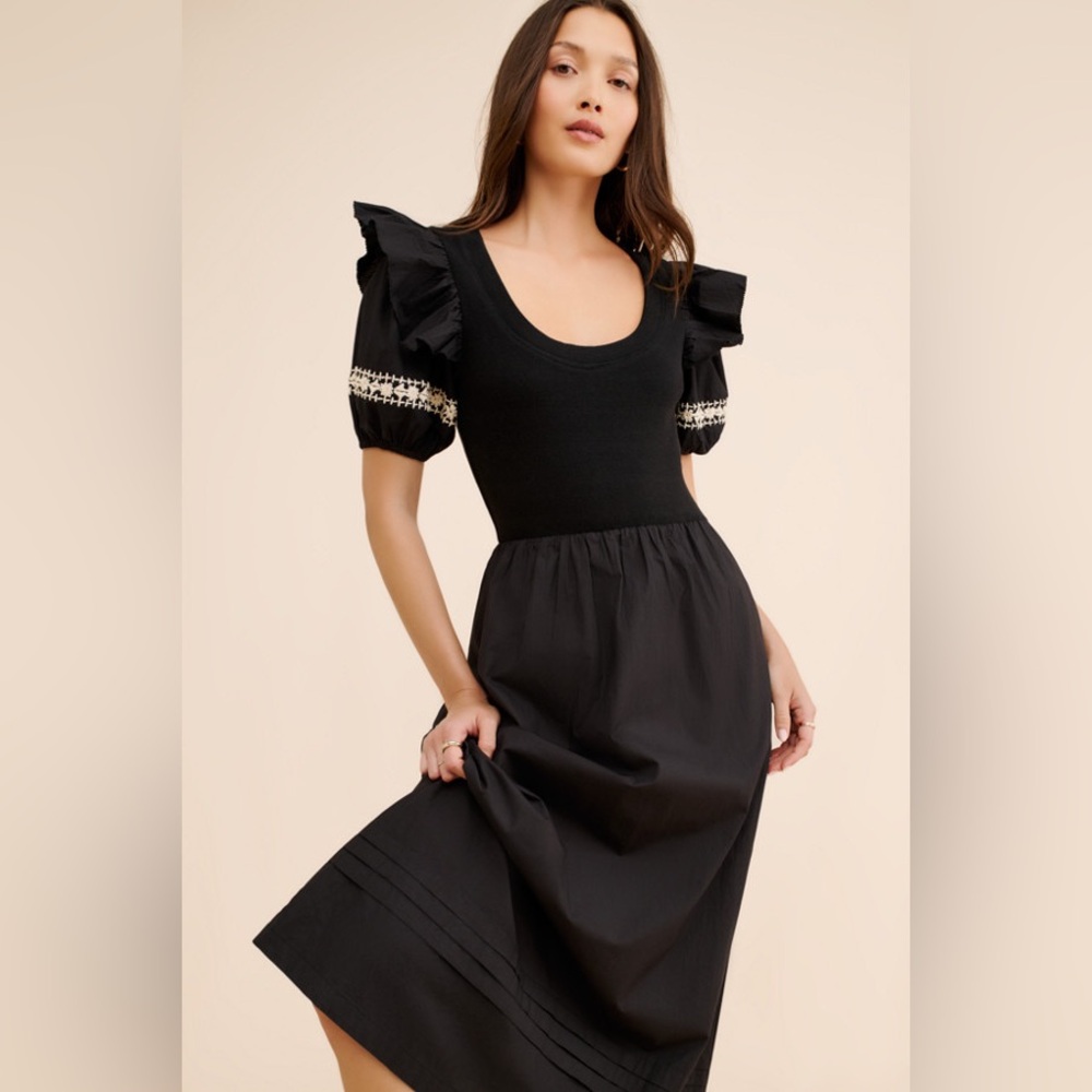 EUC Cleobella Black Selma Midi Dress with Ruffle Puff Short Sleeves & Embroidery